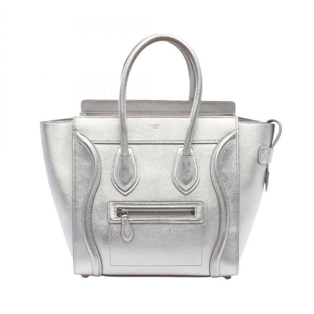 Celine Luggage Micro Shopper Handbag, Leather, Women's, Silver Tone